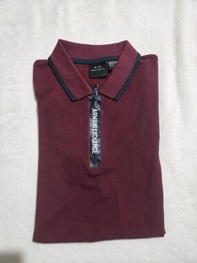 Armani Exchange Men's Polo Shirt in Burgundy with Black Trim Size is Medium.